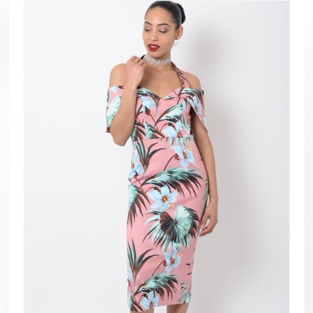 Asos Halter Bardot Tropical Print off shoulder Midi Dress 6
